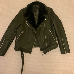 Forest Green biker jacket with faux fur trim